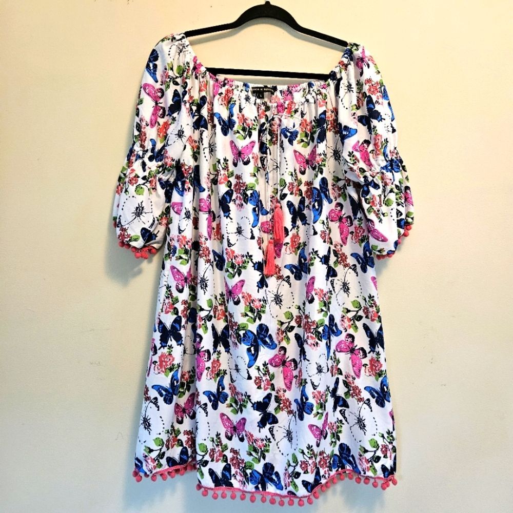 America & Beyond Dress Women Sz L Butterfly Print Pom Pom Off Shoulder Bloomcore